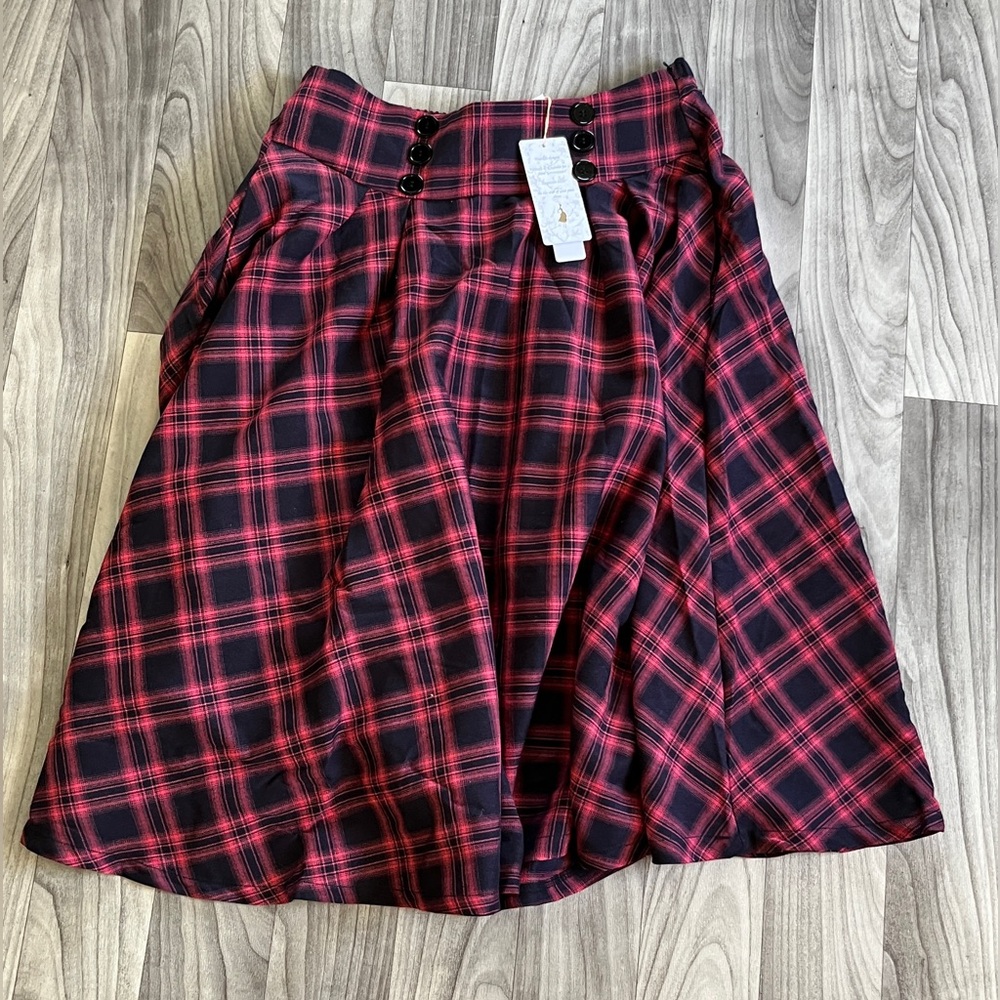 Women’s Belle Poque Black/Red Plaid Skirt w Pockets Side Waist Zipper Size L